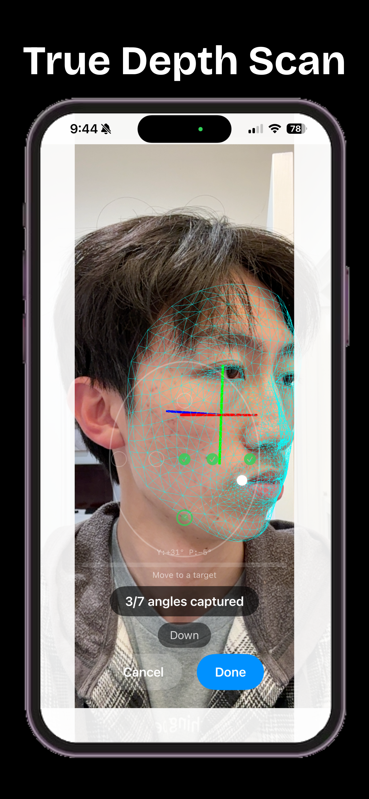 TrueDepth face scanning interface showing guided angle capture